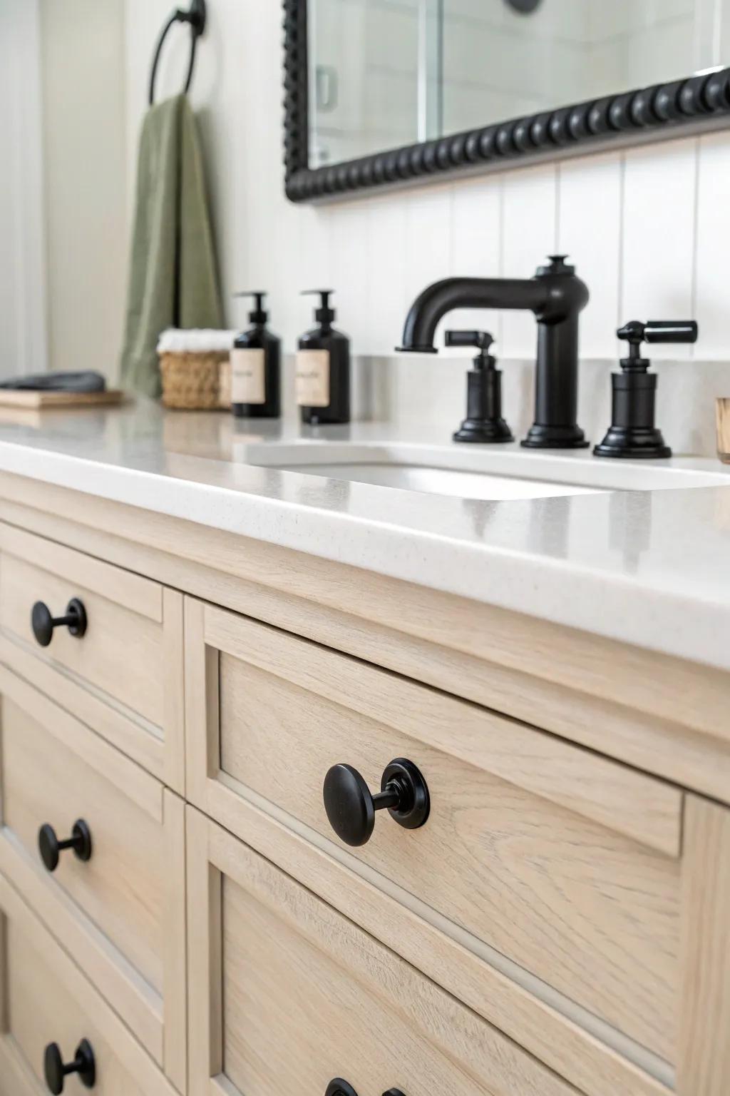 Complete dark hardware offers a bold, modern contrast.