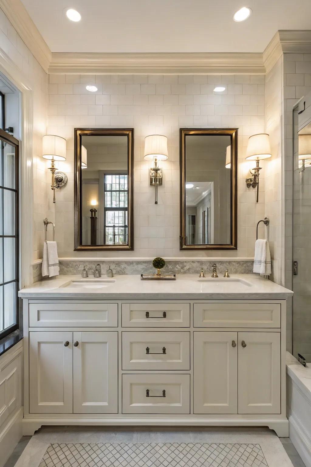 Symmetrical lights create balance and harmony in your bathroom.