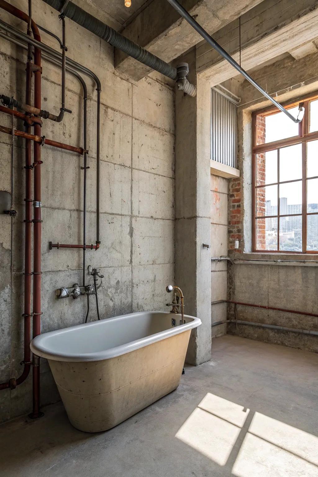 An industrial-style bathtub with visible plumbing infuses an edgy atmosphere.