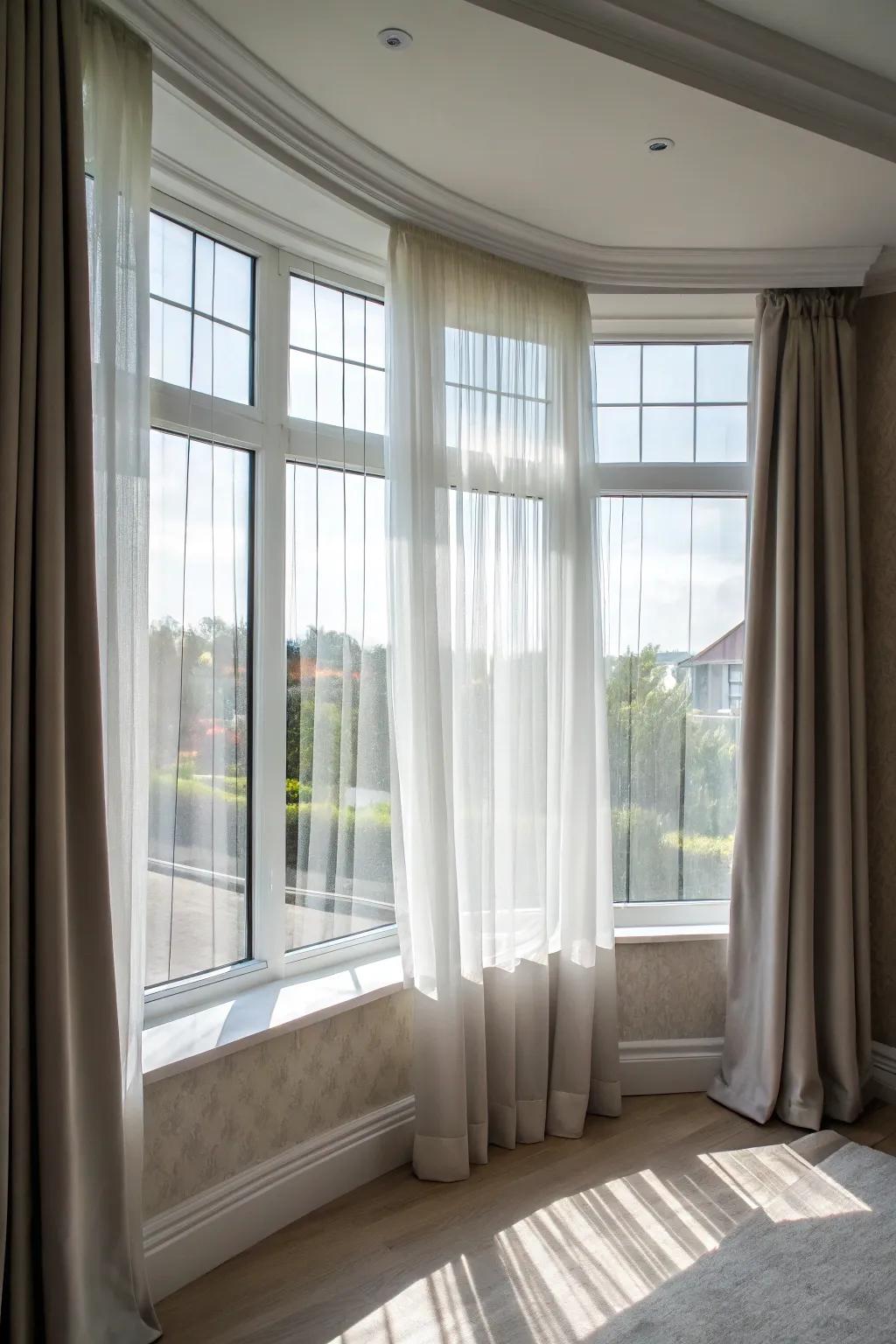 Layering sheers with opacity treatments provides flexibility in illumination control and seclusion.