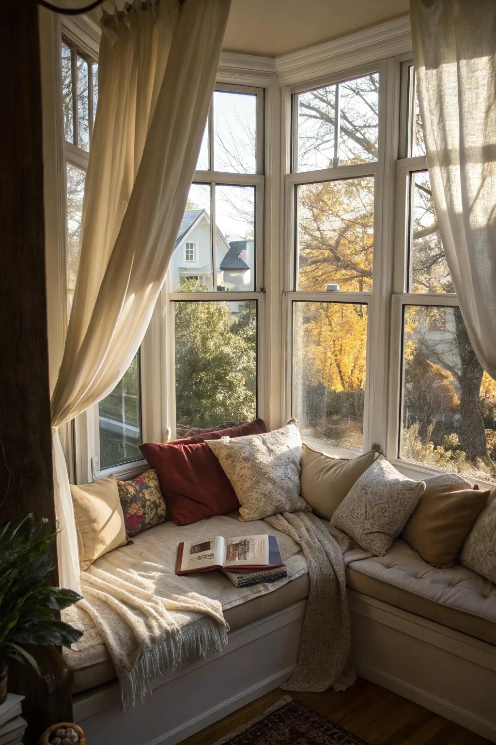 Transform your alcove window into a snug film spot for intimate evenings inside.
