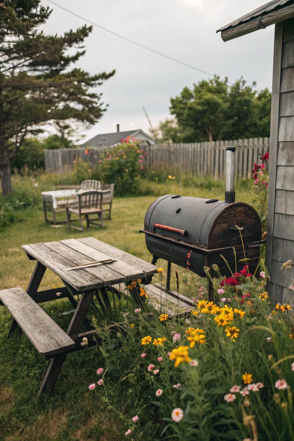 Unique retro barrel barbecue for down-to-earth appeal.