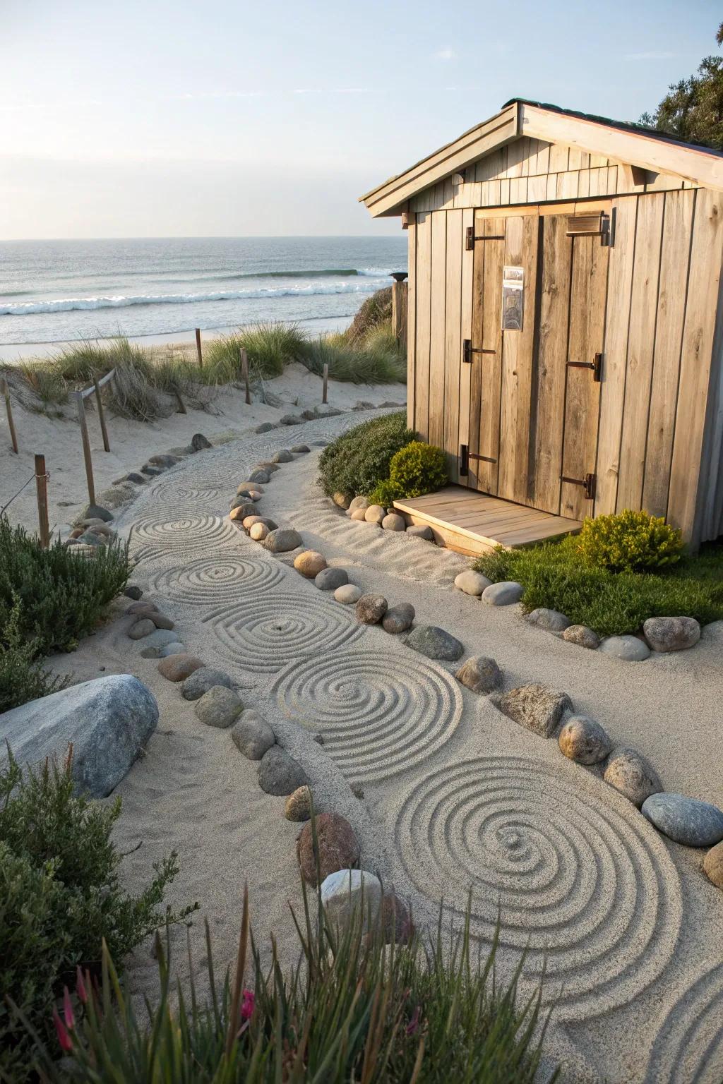 A sand and pebble contemplation garden offers tranquility beside the beach shed.