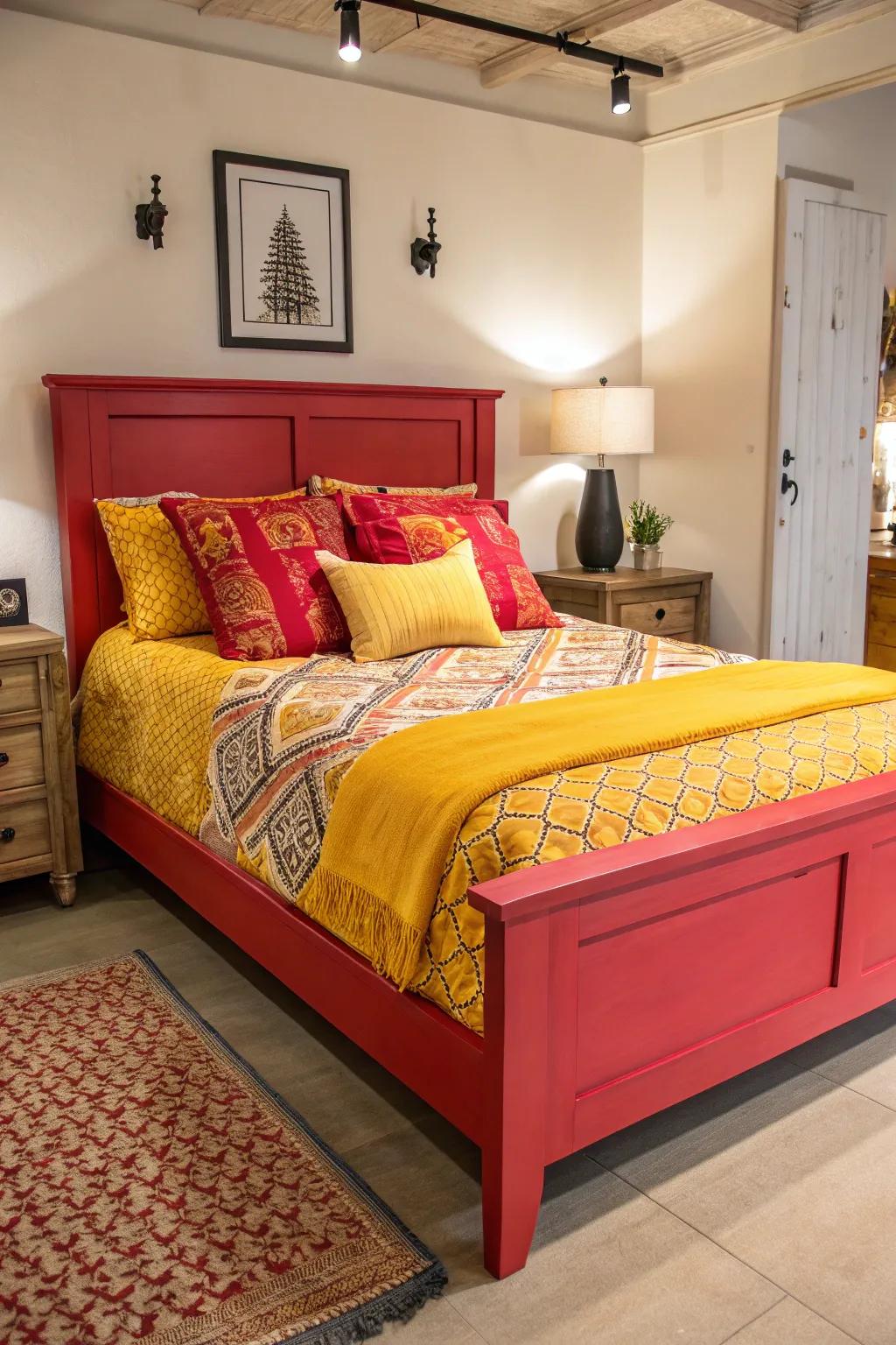 Audacious pigments energize and uplift bedroom motifs.