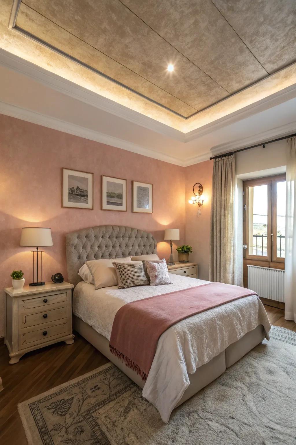 A soft-colored rooftop adds a surprising twist to this bedroom.