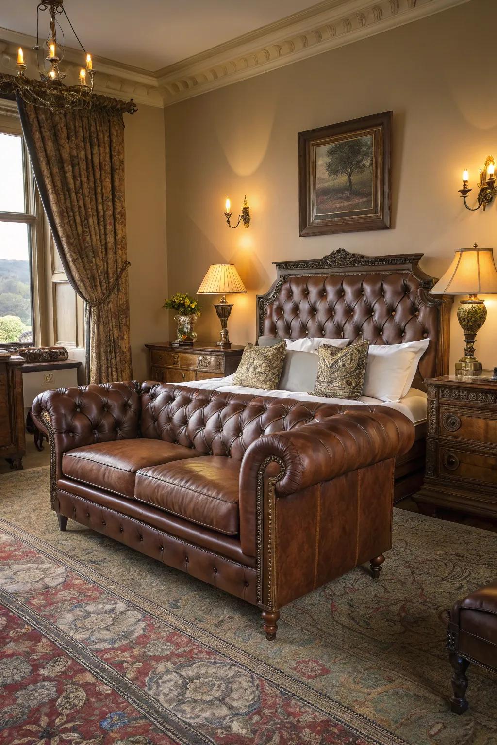 A classic sofa purposefully positioned within a bedroom context, radiating immutable visual allure alongside its inherently refined stylistic undertones.