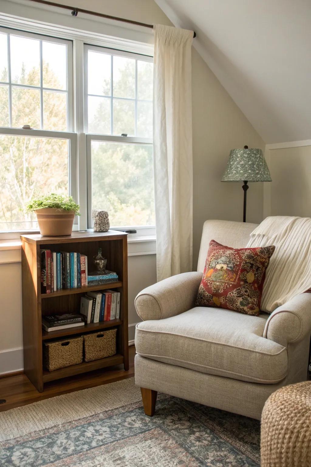 A reading spot delivers a personal getaway within the bedroom.