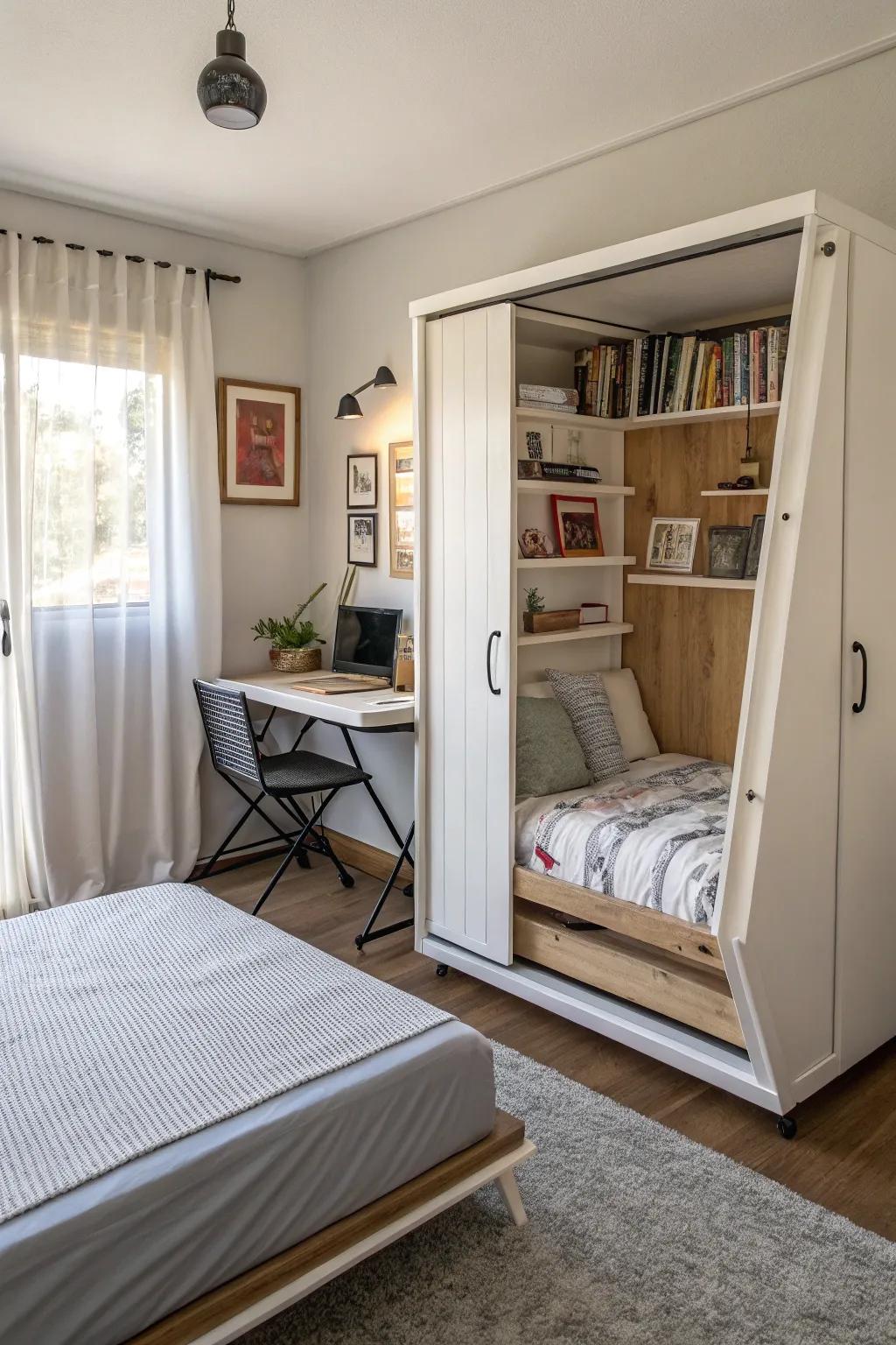Transform a small room using a space-saving Murphy bed.