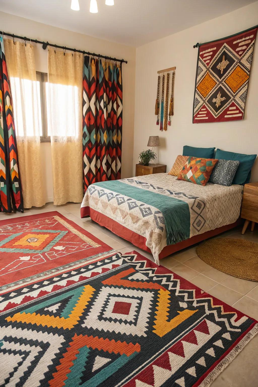 Strong designs add a playful and dynamic element to the bedroom.