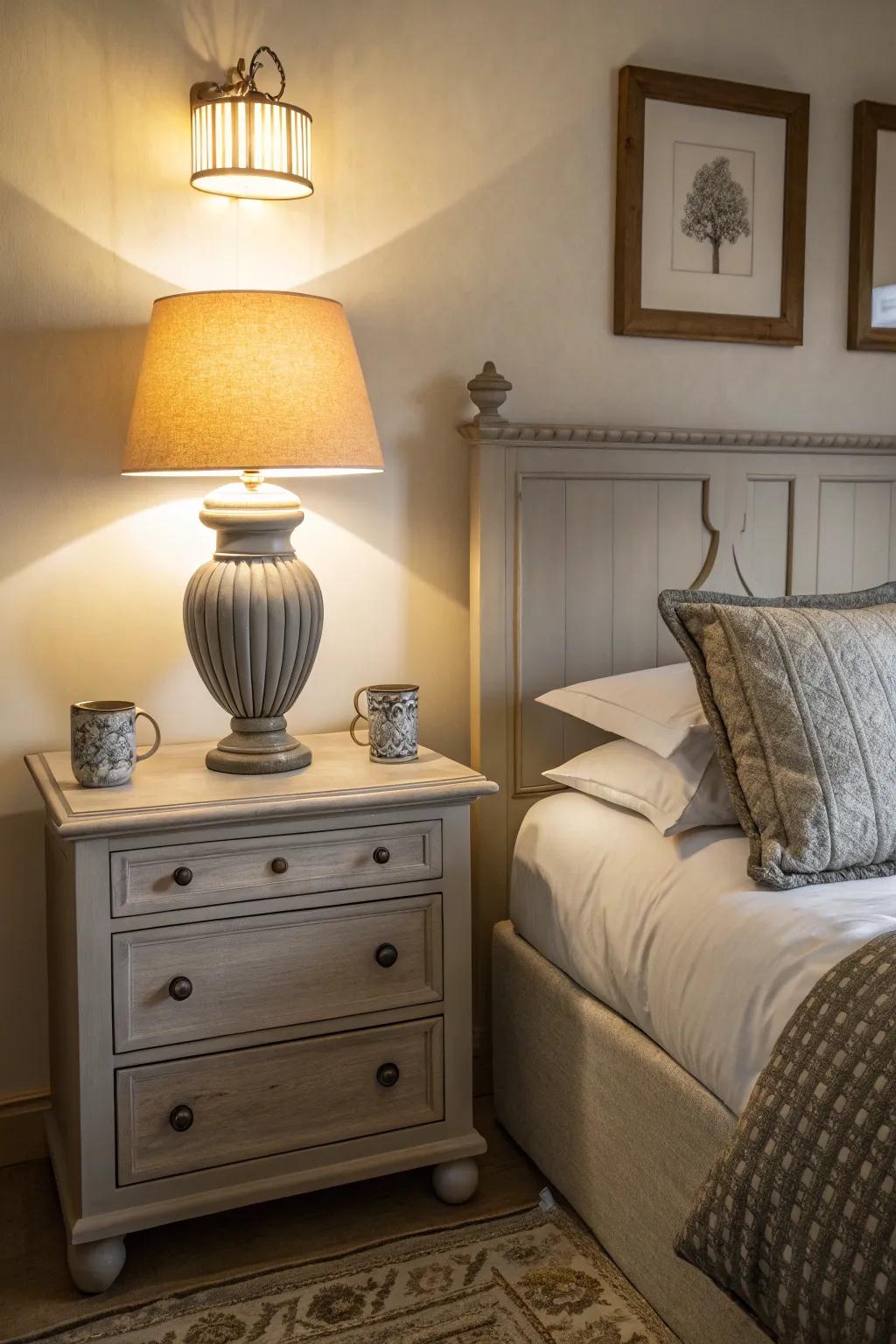 Grey lamps incorporating multi-layered illumination to the space.