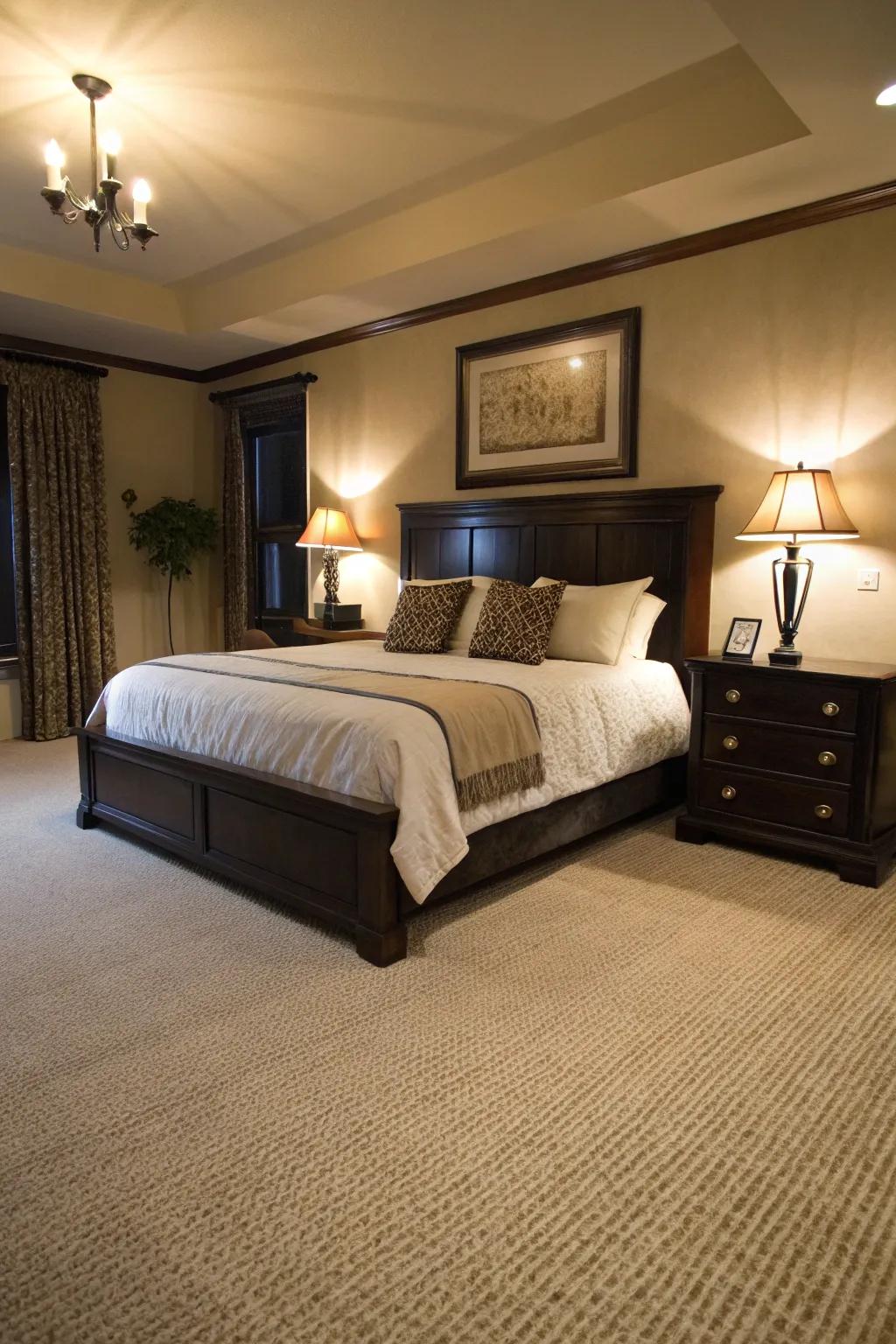 Dark accents add depth and class to this bedroom that features a cream-colored carpet.