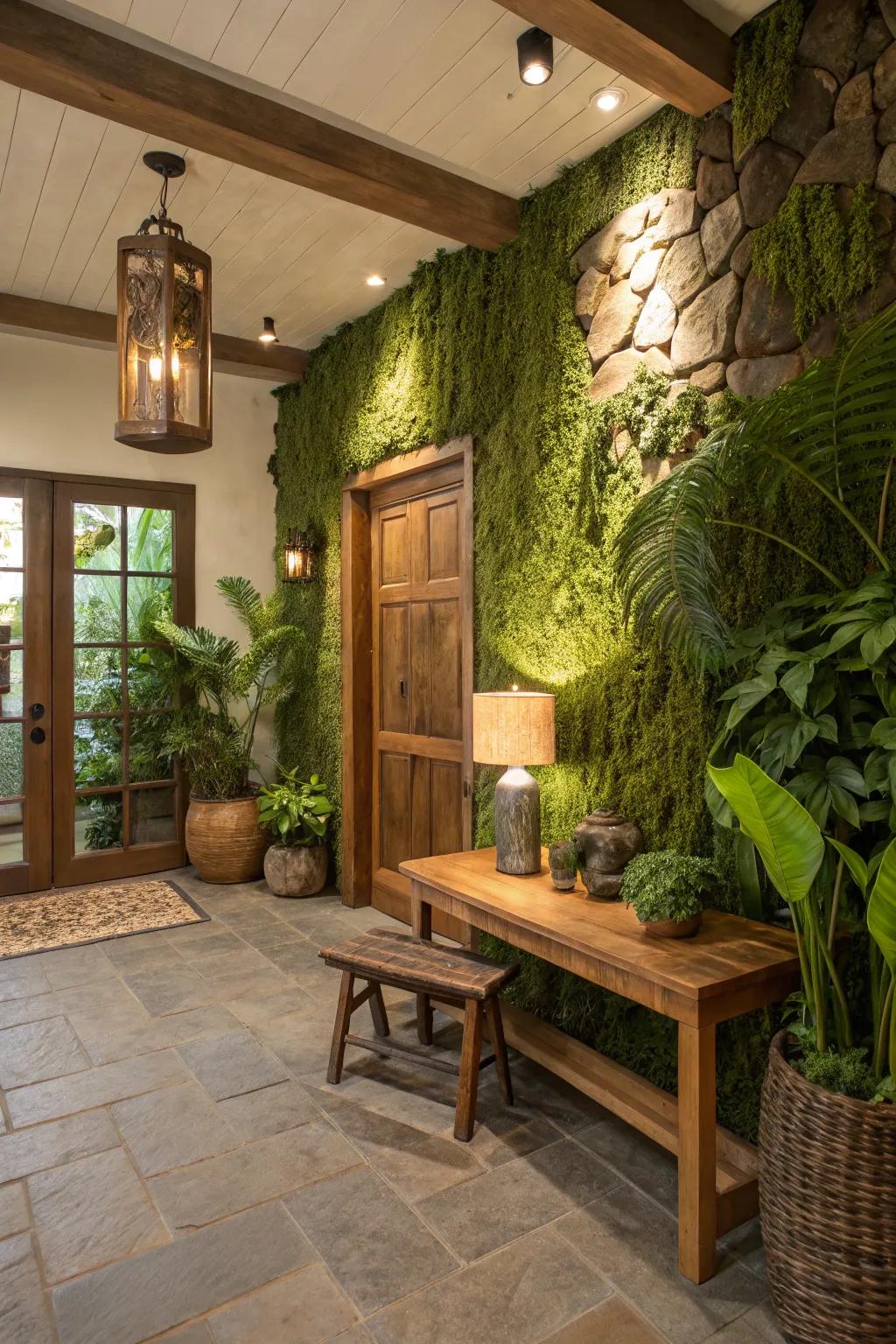 An inviting entryway with earthy woodland green walls.
