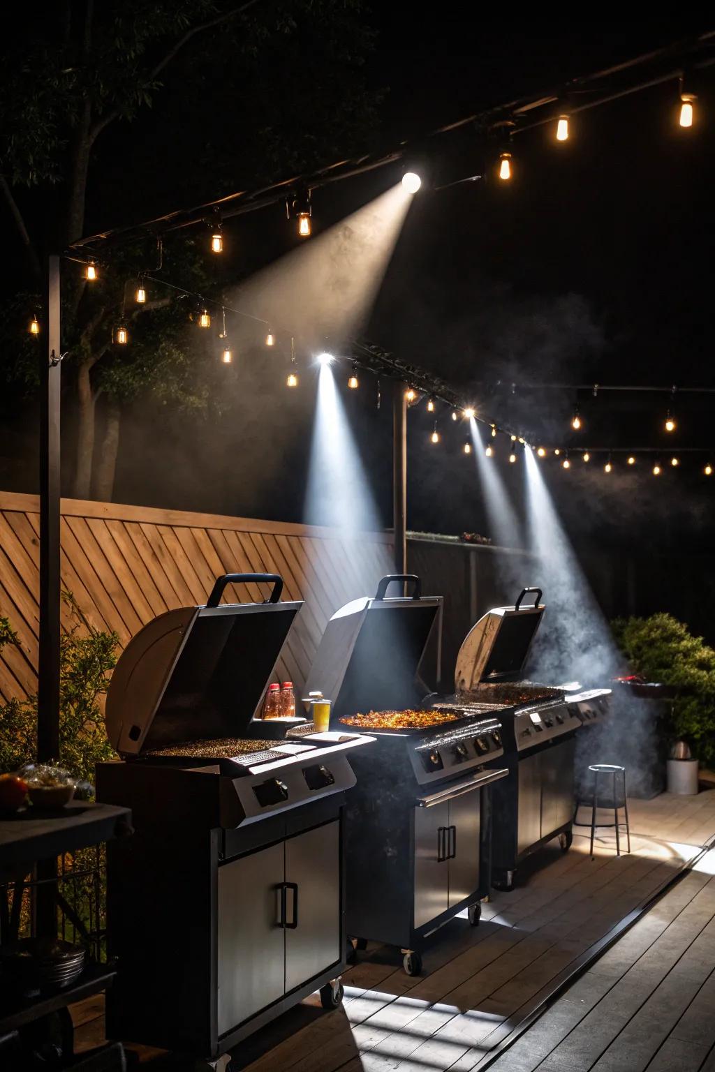 Customizable spotlights provide targeted illumination for grilling.