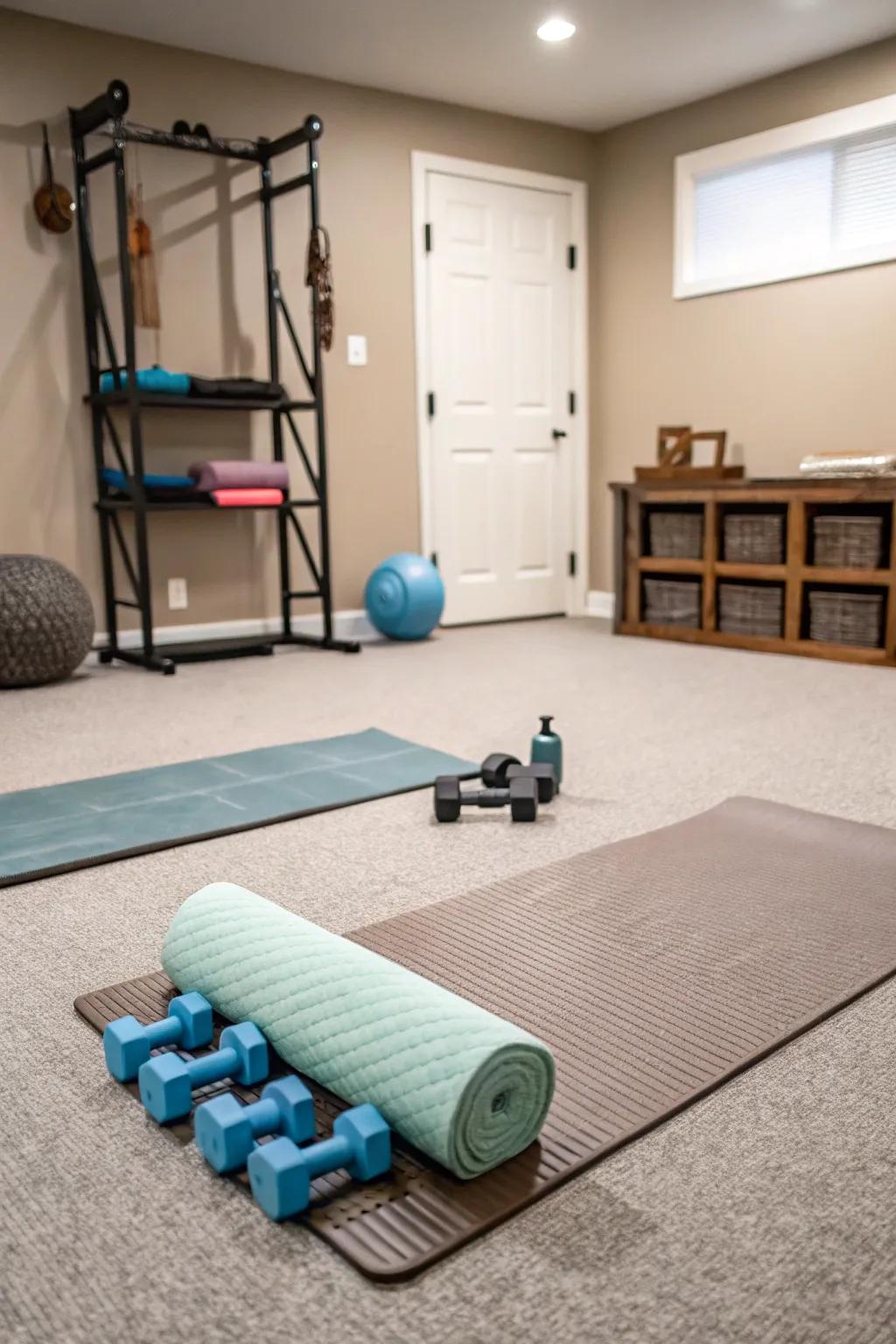 Carpet tiles create a cozy and versatile gym environment.