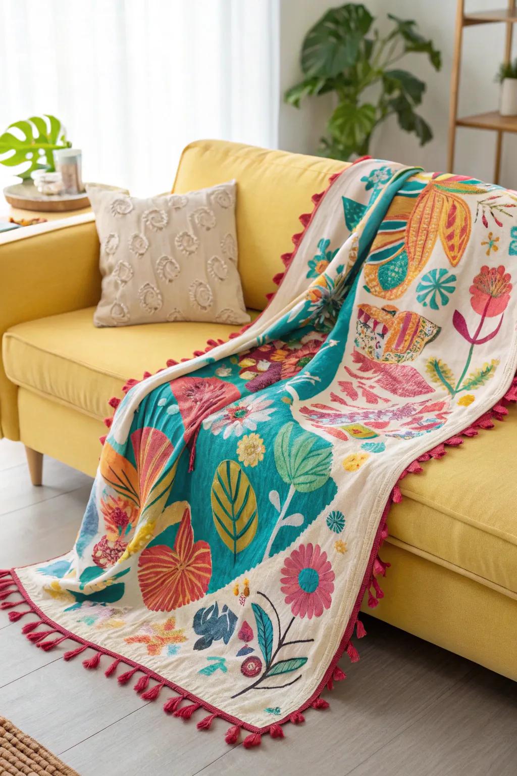 A colorful background blanket adds a pop of color to any room.