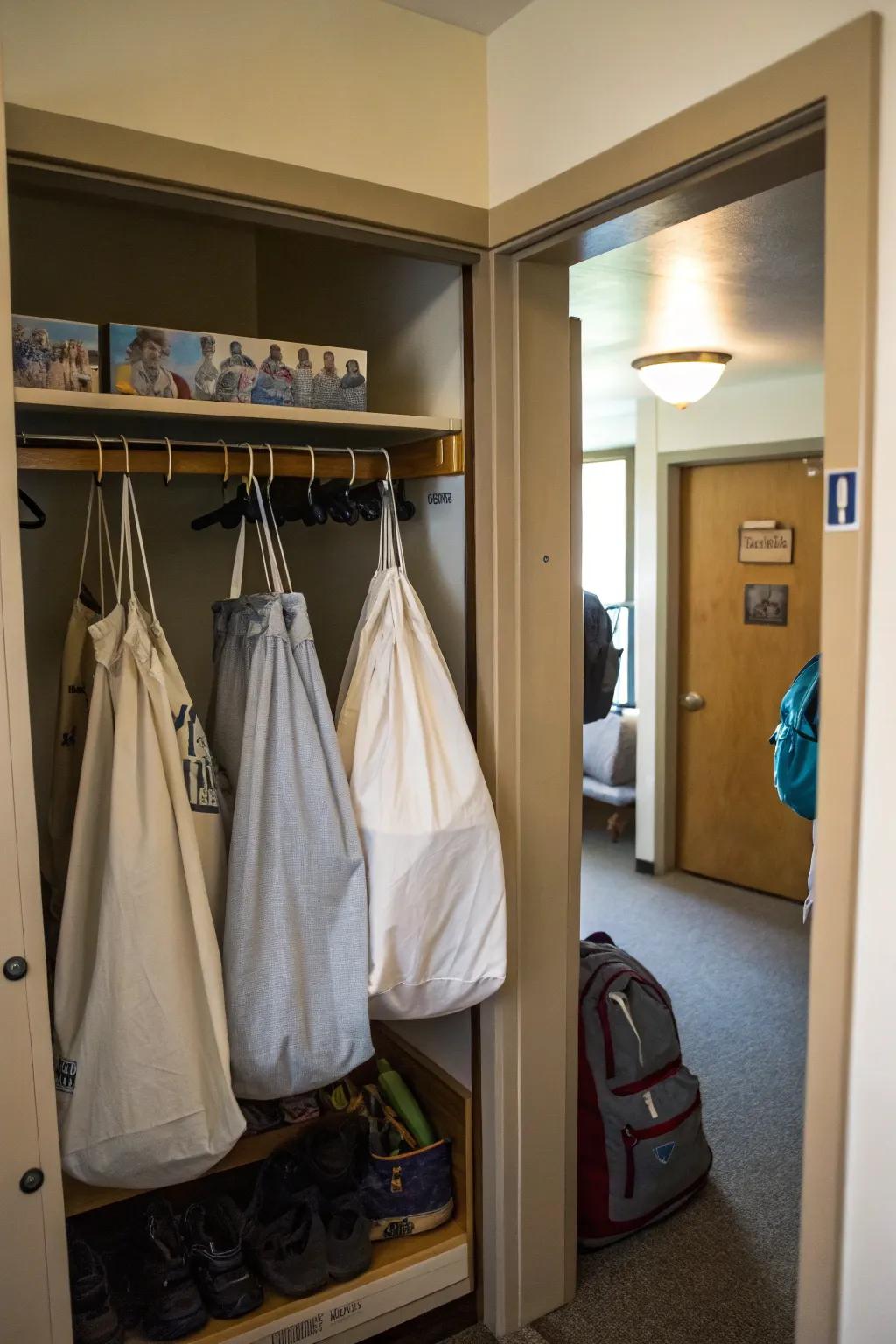 Conserve space through hanging laundry solutions.