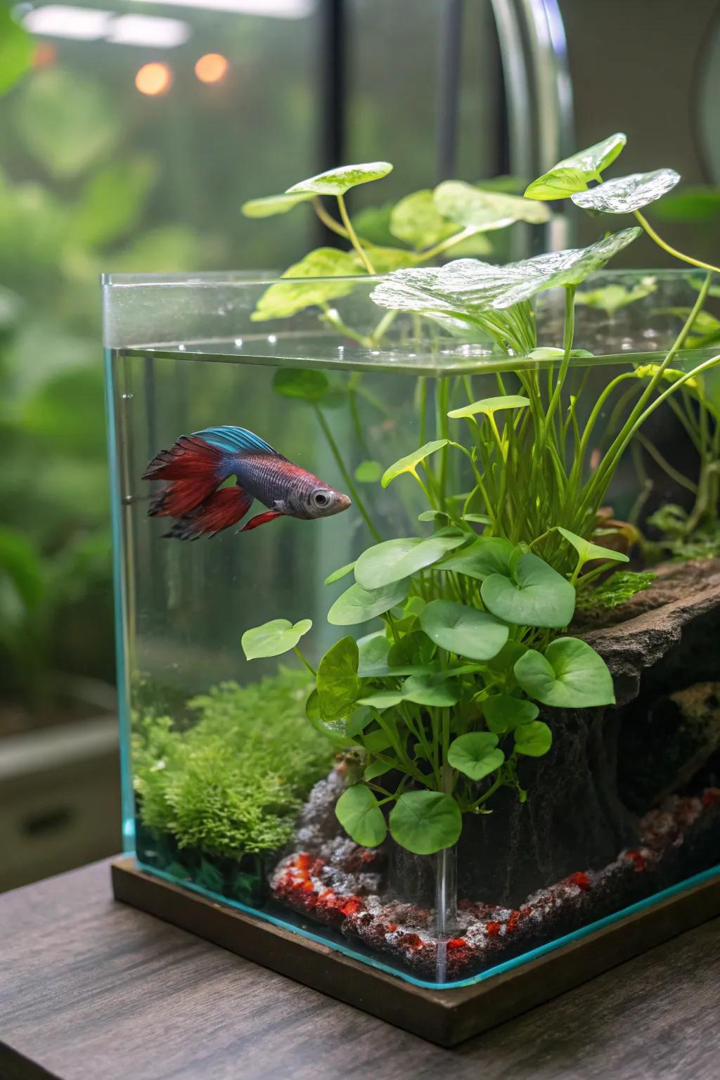 A suspended garden crafts a lush canopy for your betta habitat.