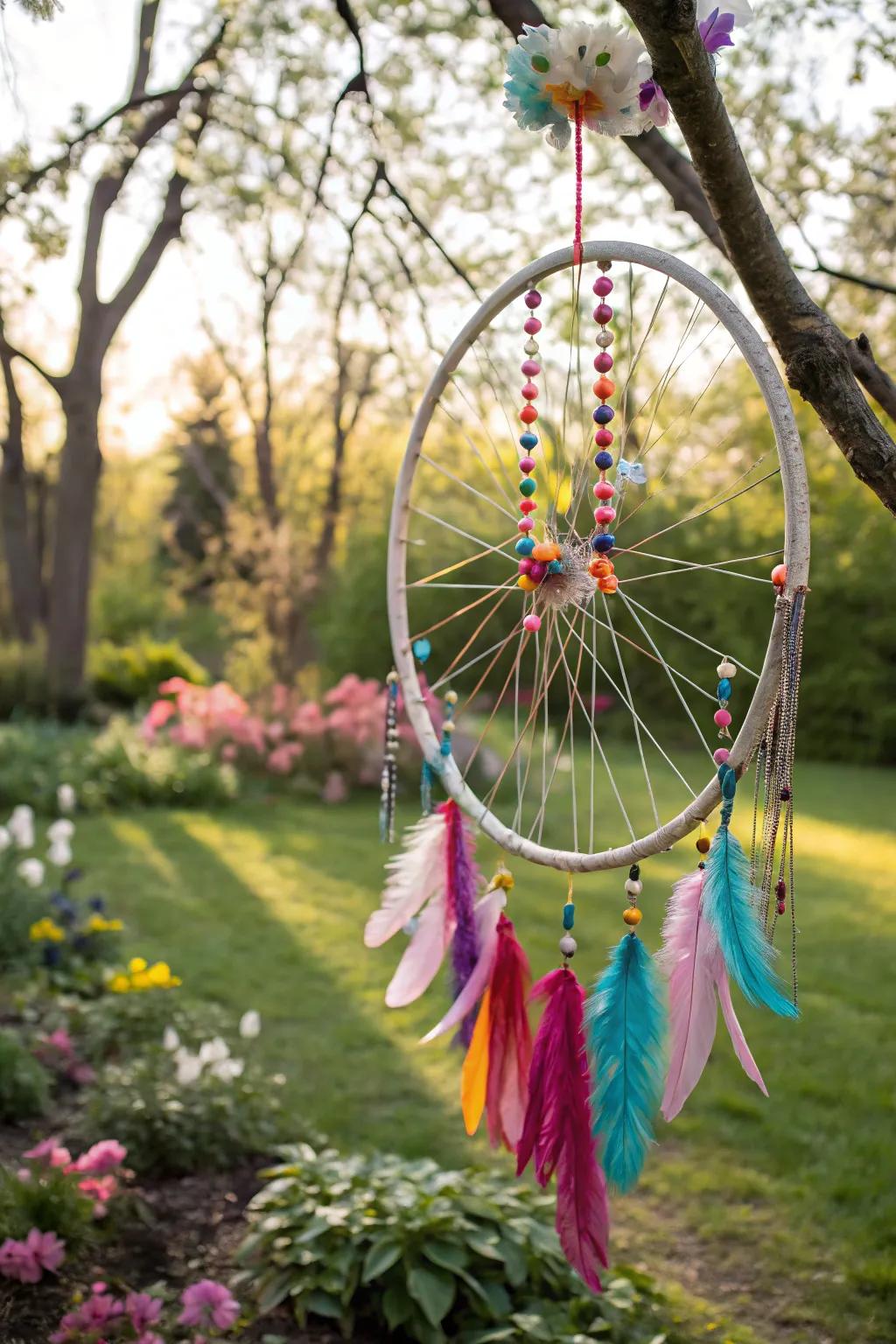 A bohemian bike wheel decoration with plumes and beads for a carefree look.