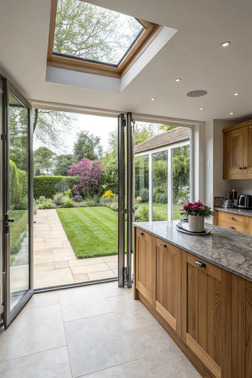 An angular folding door setup offers stunning panoramic views.