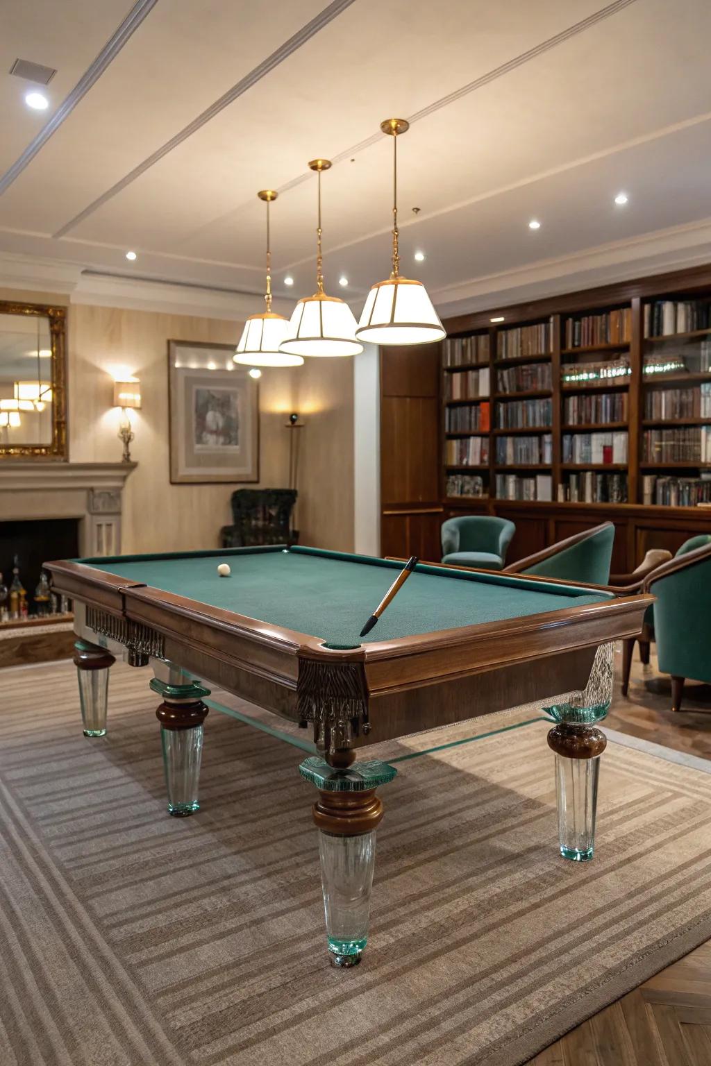 Clear elements such as glass legs add a modern touch to a billiard room.