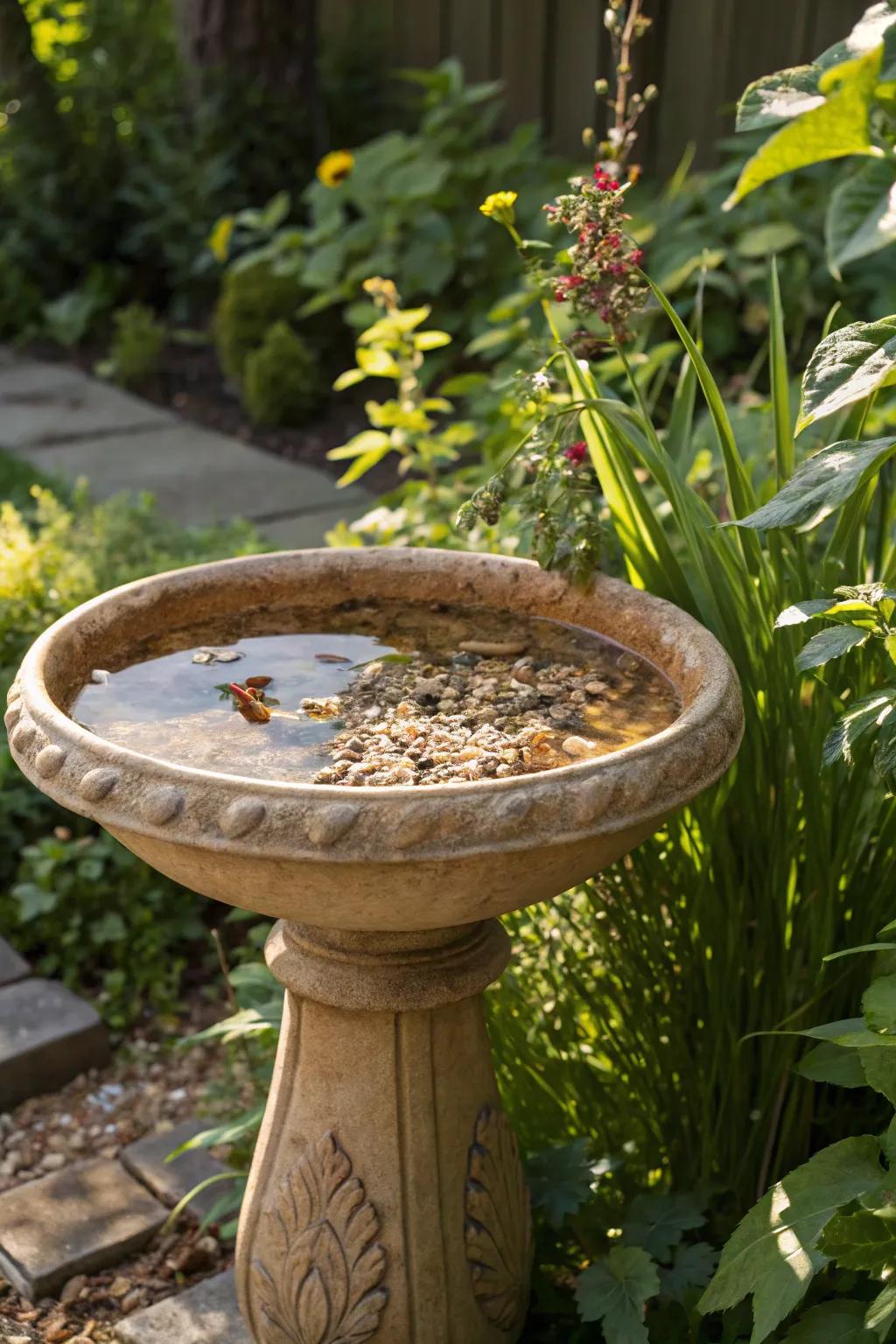 A ceramic spot for birds that offers hydration and sustenance to the birds.