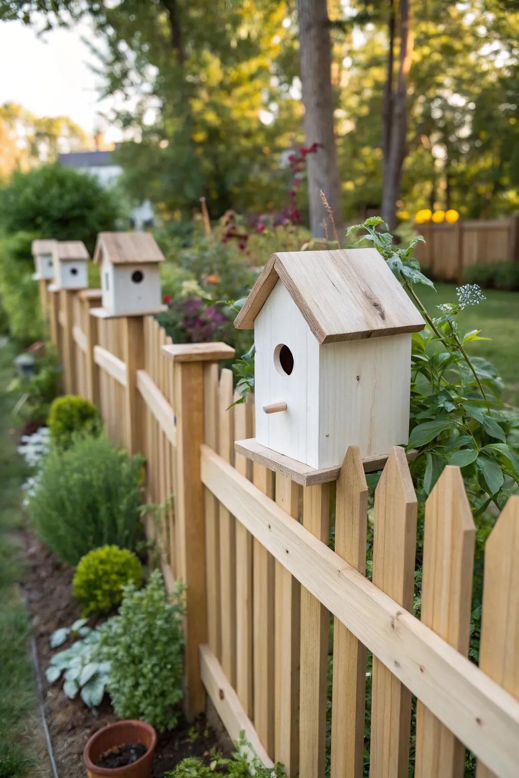 Minimalist bird dwellings inject a stroke of contemporary elegance to the fence.