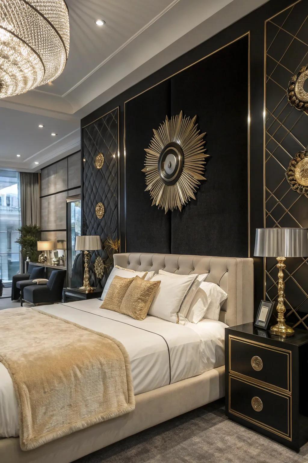 Metallic highlights add luxury and sophistication to a black statement wall.
