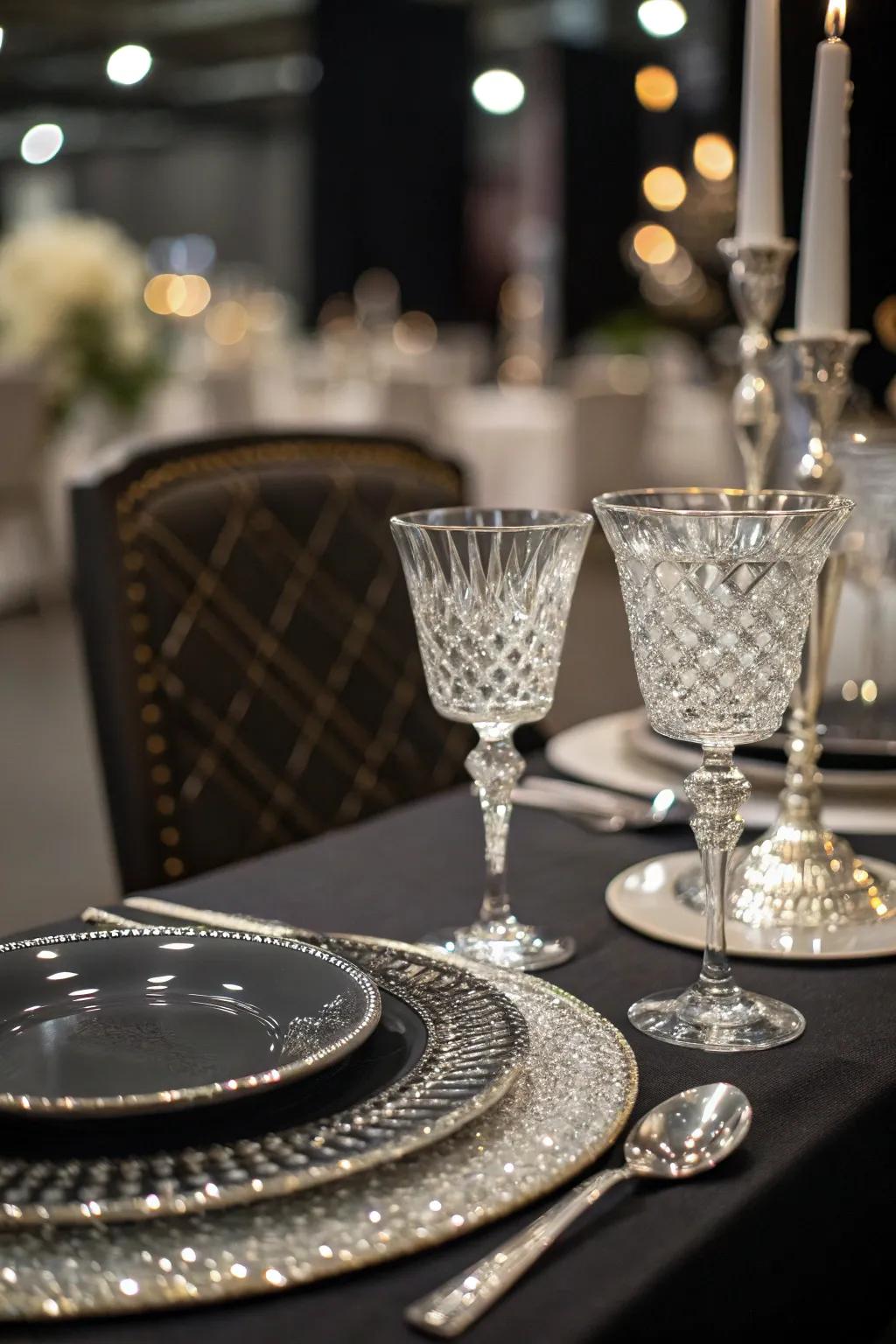 Clear drinking vessels introduce a luxurious sparkle to the table.