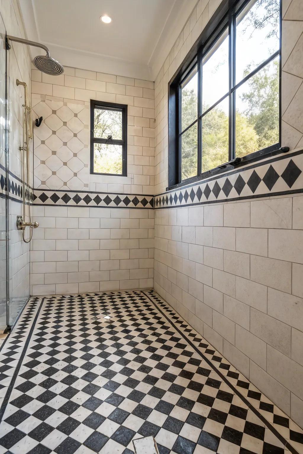 A square-styled layout incorporates a vintage touch to the shower.