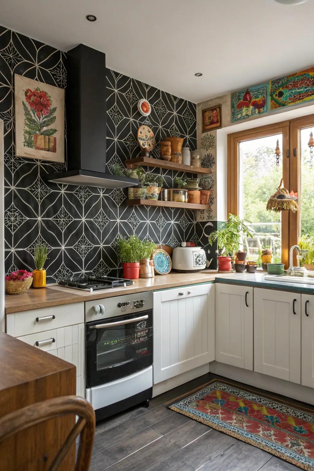 Artistic patterns turn an ebony backsplash into a unique focal point in this kitchen.