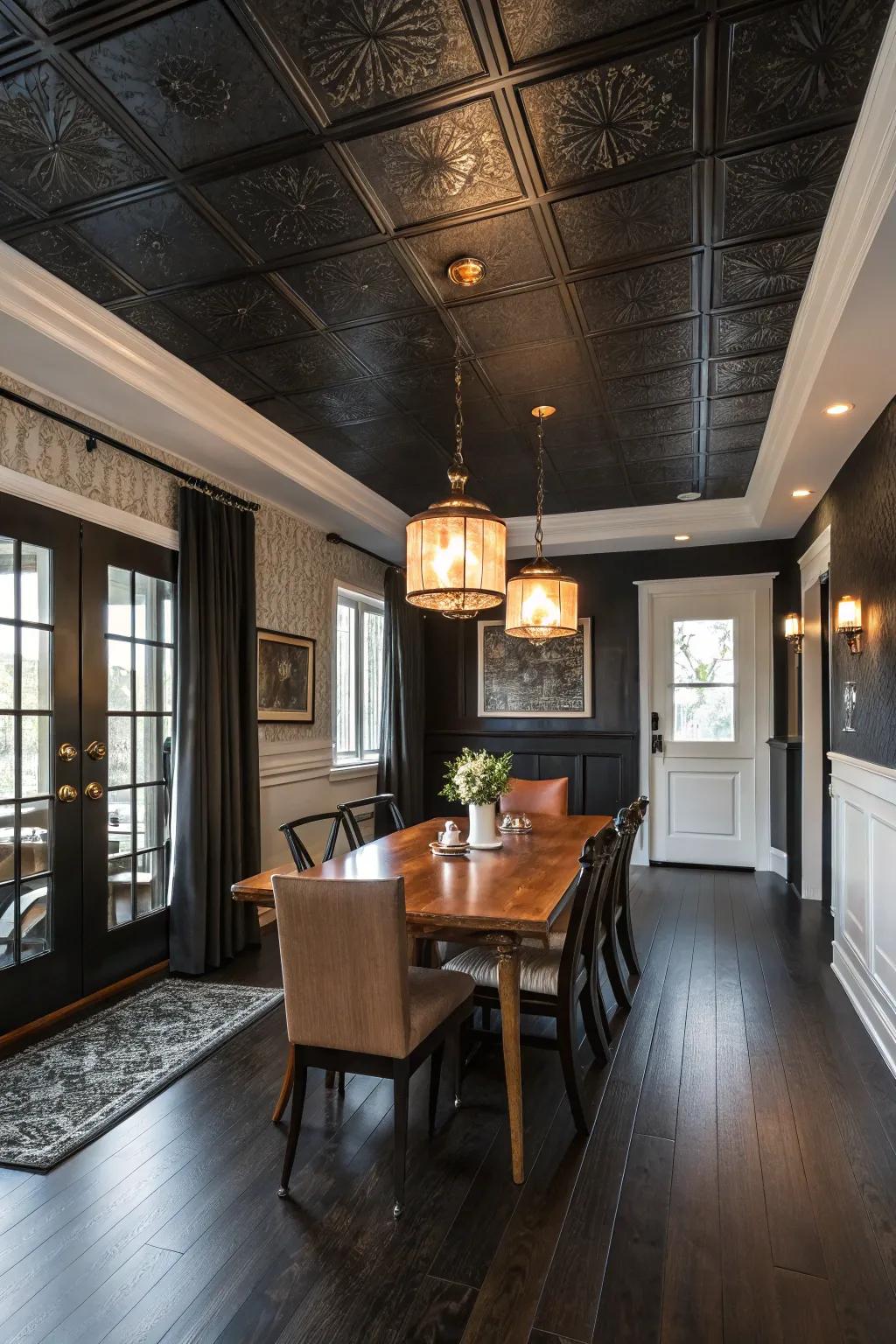 A charcoal ceiling magnifies the drama.