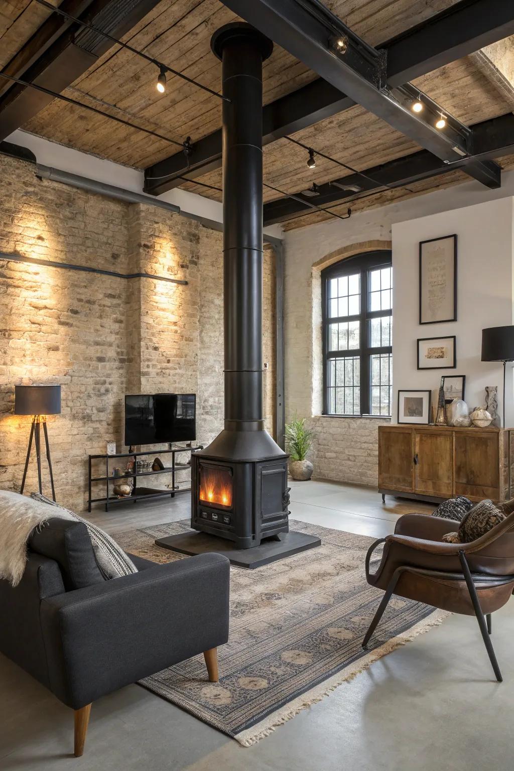 Add a contemporary industrial appeal with a streamlined dark steel hearth.