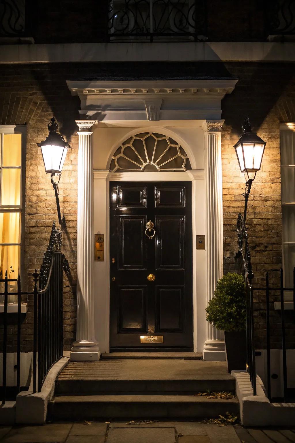 Signal lighting adds warmth and charm to a black door with white trim.