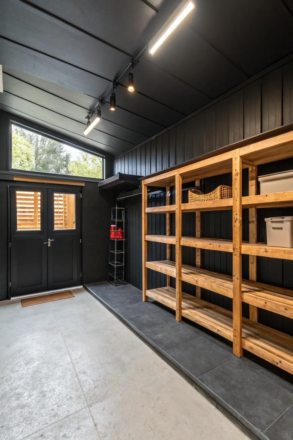 Natural timber components introduce warmth to the dark-toned garage.