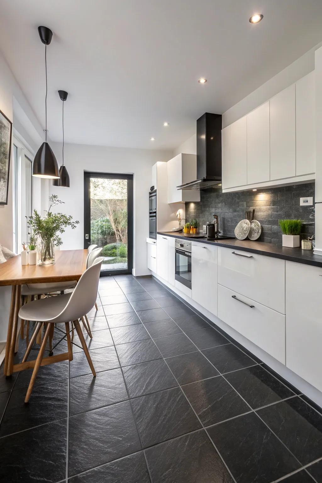 A cooking area where ebony floors are enlivened by crisp ivory features.