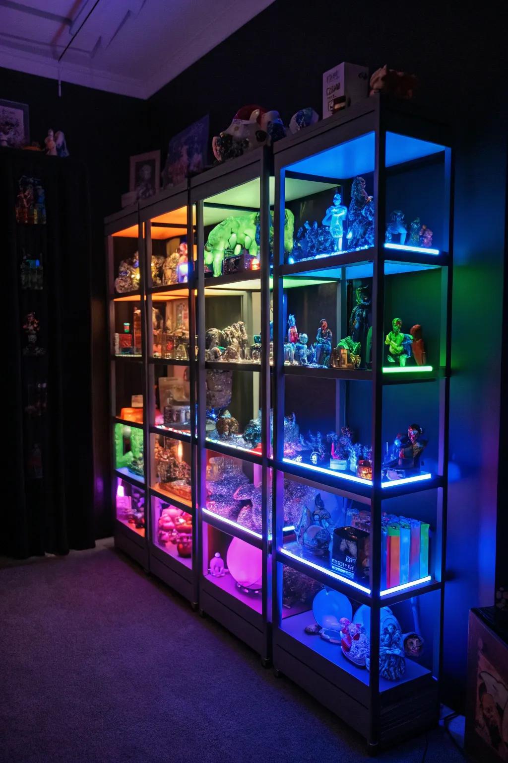 Glowing shelves highlight your treasures.