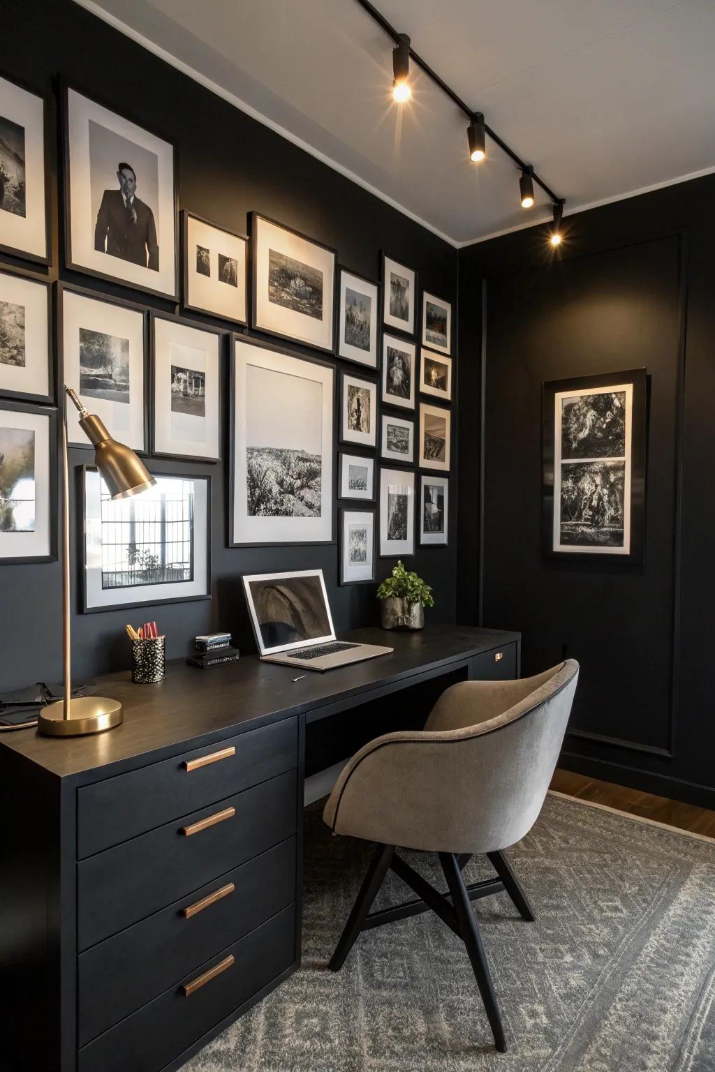 A graphic showcase introduces creativity and personality to a charcoal office.