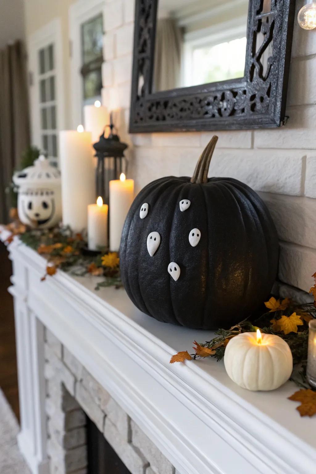A charming amalgamation of dark-colored pumpkins and spectral friends for a cozy All Hallows' Eve display.