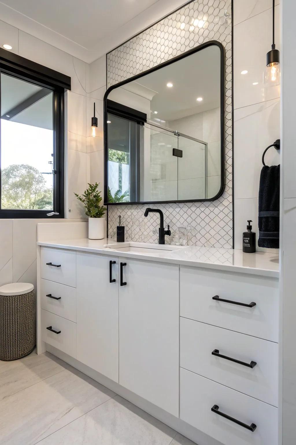 Lustrous ivory cabinetry amplifies the brightness and spaciousness of this bathroom.