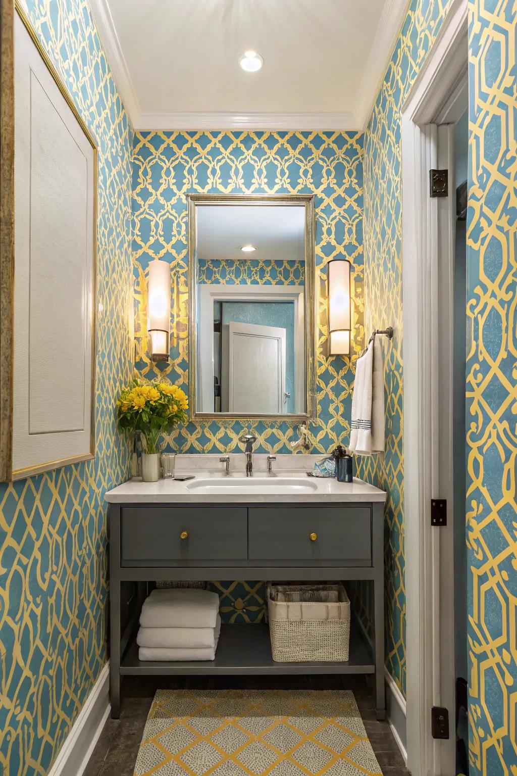 A powder room transformed with bold azure and gold wall covering.