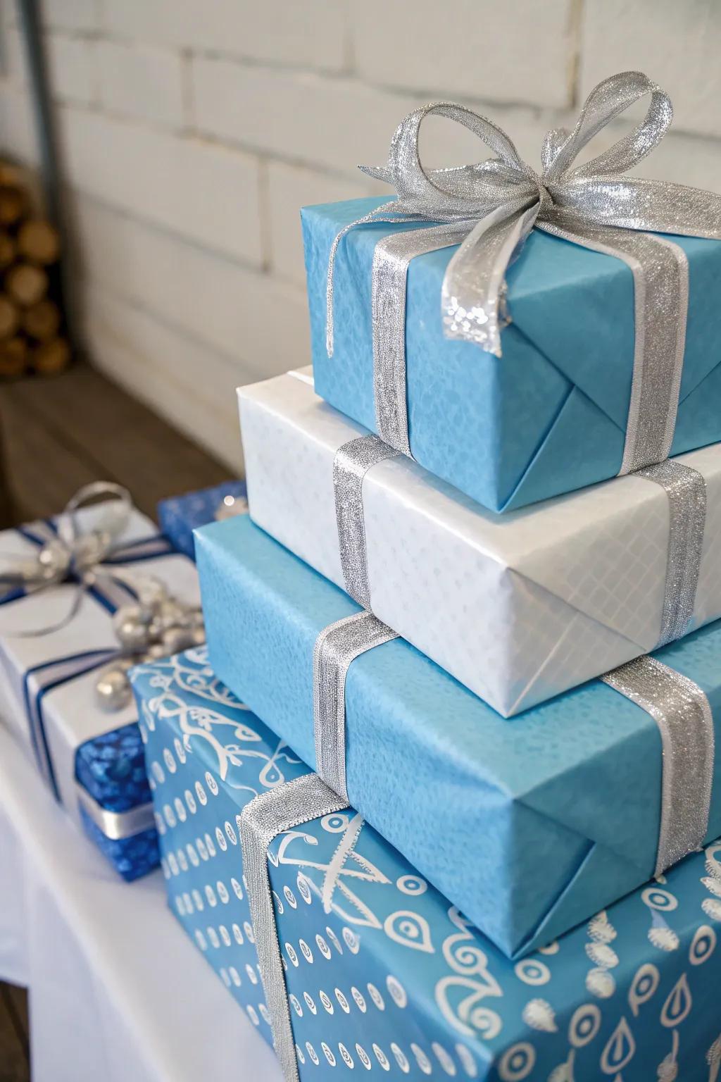Chic encapsulation of yuletide gifts in blue and white