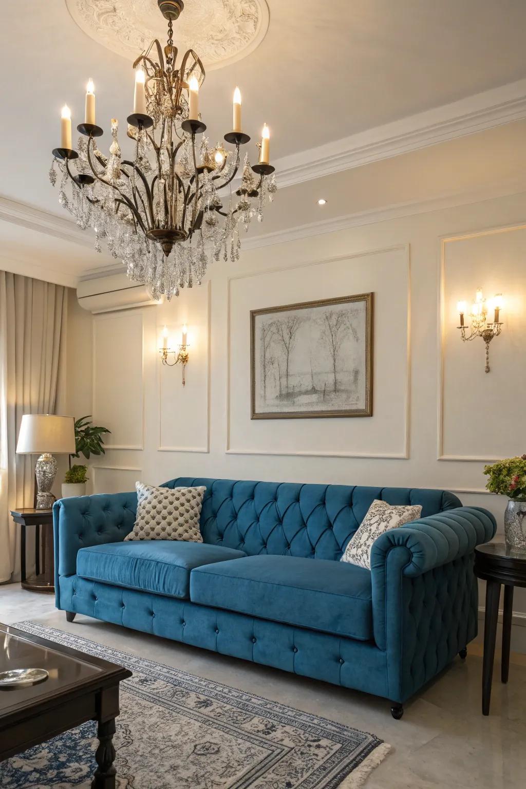 Statement lighting imparts drama and elegance to the area.