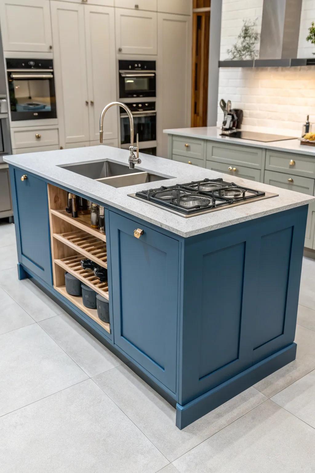 Functional features make the cerulean island a versatile kitchen hub.