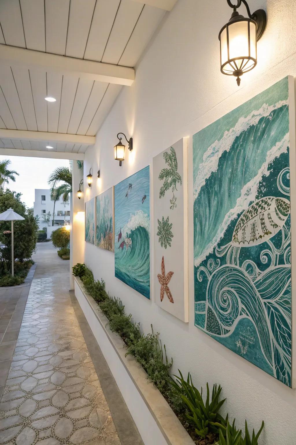 Aquatic-themed art invokes peacefulness, boosting your blue theme.