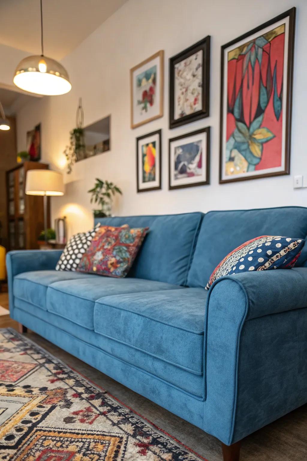 Striking art makes a statement above a cerulean couch.