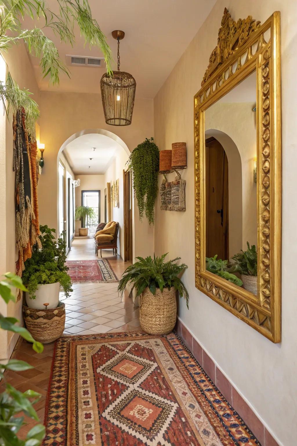 A bohemian hallway using a hint of gold elegance.