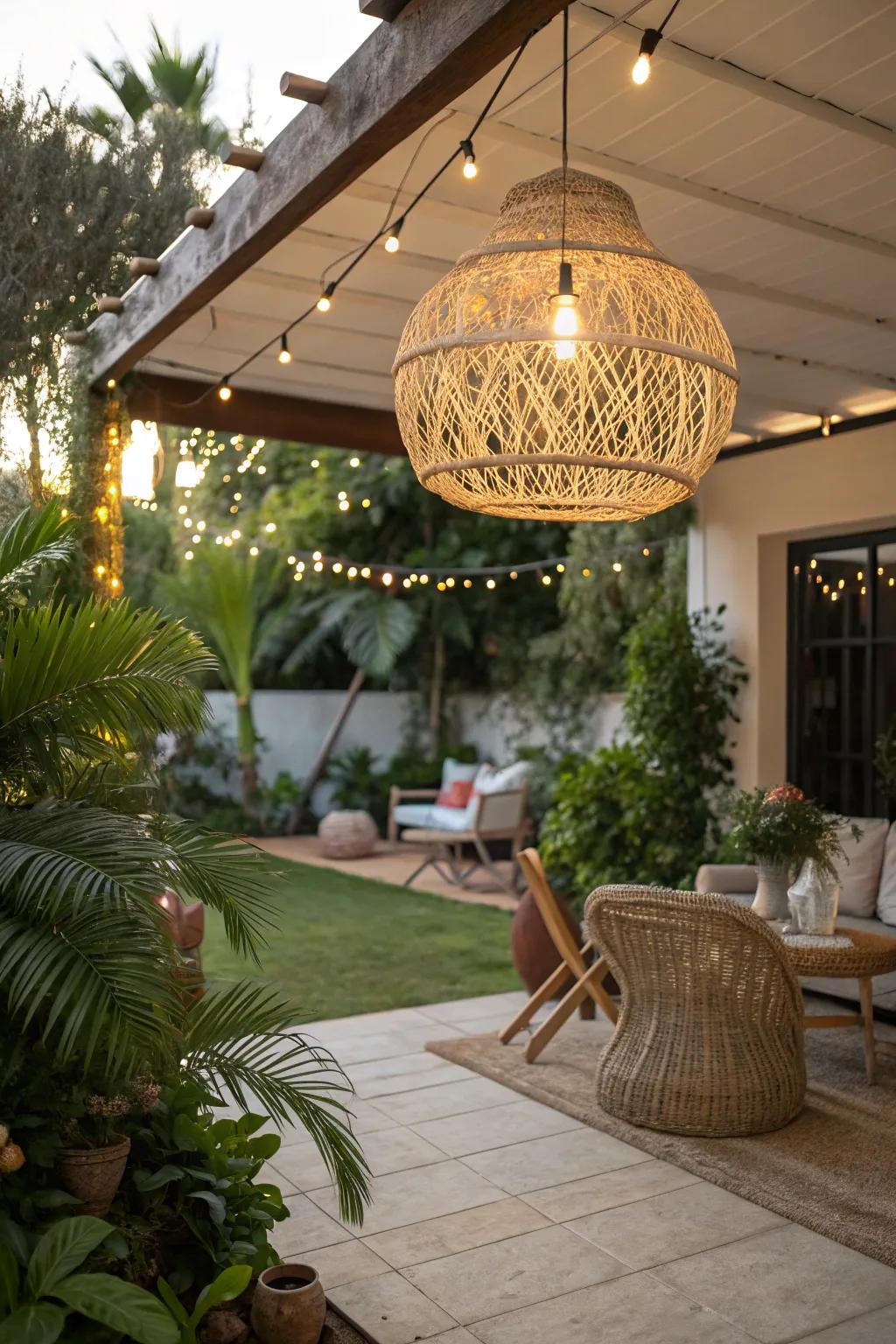 An all-natural fiber light enhances the boho ambiance of this patio.