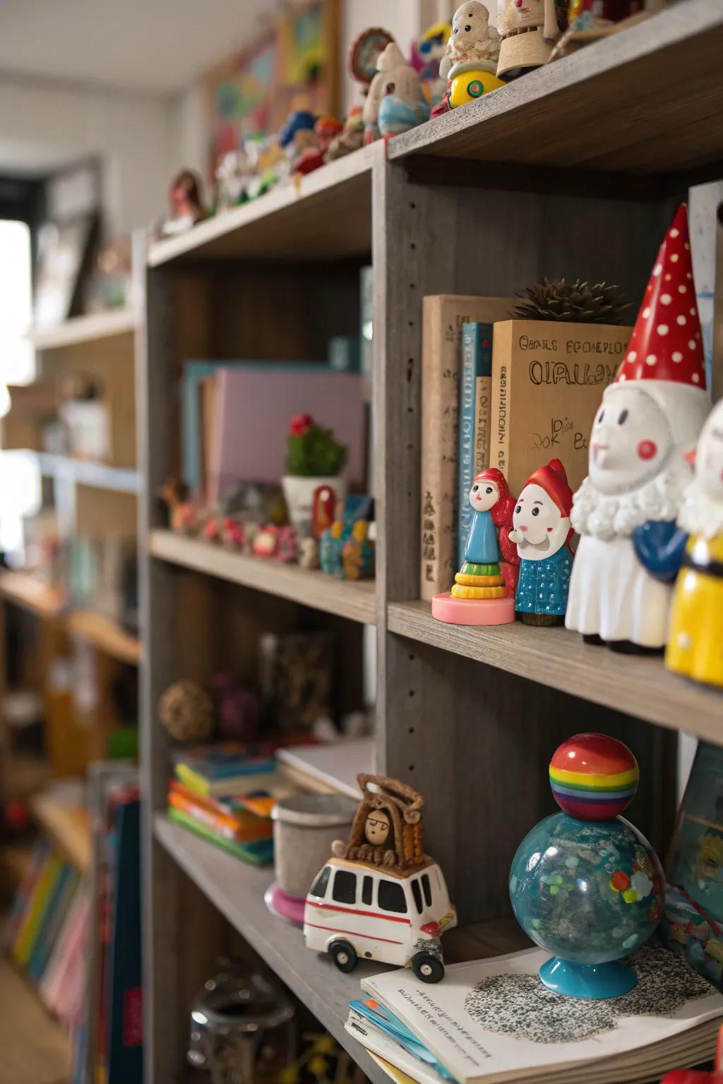 Playful decor items infuse character and conversation into a bookshelf.