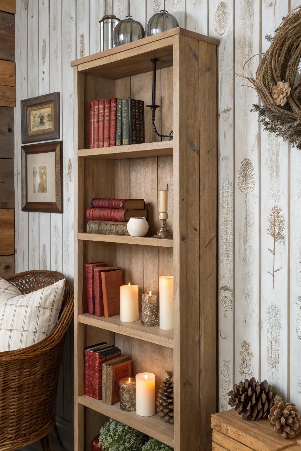 A bookshelf featuring wood-look wallpaper, radiating a rustic, charming ambiance.