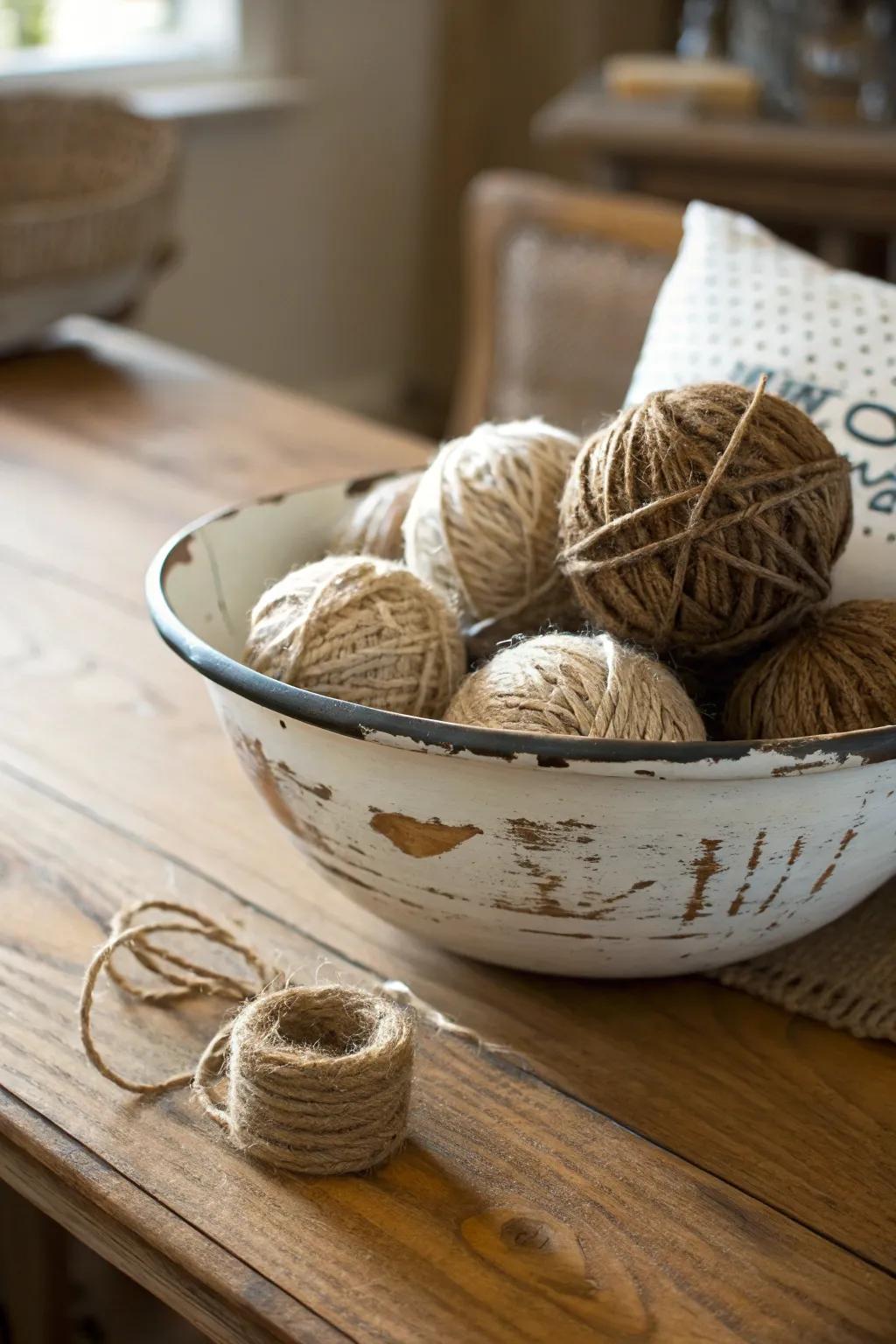 A farmhouse bowl brimming with unrefined jute spheres